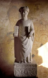 Francesco Petrarca, Italian poet. 14th century statue. Petrarch house in Arquà near Padua.