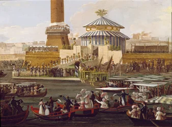 Francis I of the Two Sicilies (1777-1830) and his wife Maria Isabella of Spain (1789-1848) at a ceremony at the Arsenal of Naples. Anonymous 19th-century painting - Naples, Museo Nazionale di San Martino