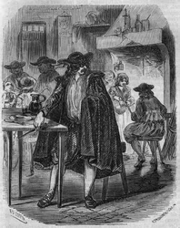 François Ravaillac (1578-1610), assassin of King Henry IV, brandishing in an inn the knife with which he must strike Henry IV - engraving of the 19th century