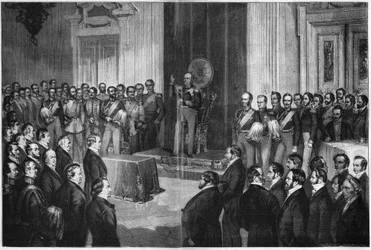 Frederick William IV, King of Prussia, swearing oath on the constitution, 6 February 1850, wood engraving after Paul Buerde