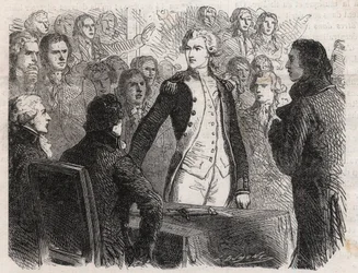 French Revolution: General Gilbert du Motier de La Fayette Resigning the Command of the National Guard - Engraving in 