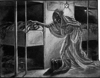 French propaganda against the Spanish influenza epidemic: the disease is represented allegorically as a worrying figure approaching a person asleep in the dormitory of a migrant ship
