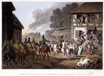 French troops in retreat and looting a village - in 