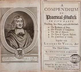 Frontispiece of Compendium of practical music in five parts with lessons of viola da gamba by Cristopher Simpson