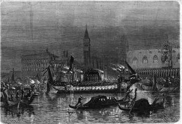 Funeral of Daniele Manin (1804-1857), who participated in the Risorgimento, in Venice: the mortuary gondola carrying the ashes towards the Church of St. Zacharia passes in front of the royal palace. Engraving in 