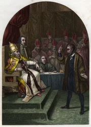 Galileo Galilei (1564-1642) before Pope Urban VIII in 1633. Engraving of 1842 in 