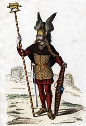 Gallic leader bearing the sign of war - in "The Civil and Military Costumes of the French through the Centuries, Paris, F. Roy, 1882"