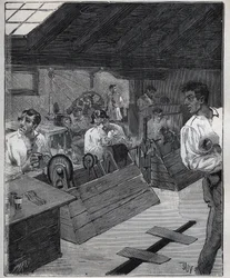 Galvanic gilding: scraper-boessage of gold jewels with a scraper-boesse. Engraving from 1885 in 