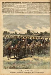 General Felix Gustave Saussier, military governor of Paris since 1884, surrounded foreign military ties, reviewed the troops during the dequeue on 14 July 1891 in the plain of the Bois de Boulogne. Engraving in 