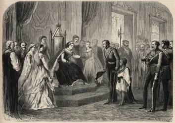 General Robert Cornelis Napier introduced Leul Alemayehou Tewodros, the son of Ethiopian negus Theodoros II, to Queen Victoria. Engraving in 