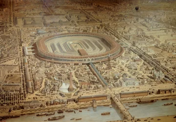 General view of the 1867 World Exhibition in Paris. In the center of the military school of the Champ de Mars