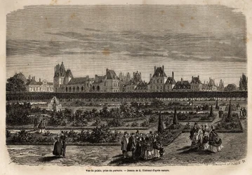 General view of the palace and gardens of Fontainebleau, taken from the floor. Engraving to illustrate a description of the castle and forest of Fontainebleau, in 1867, by M.Pays, in Le tour du monde, nouveau journal des voyages published under the direc