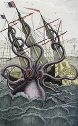 Giant octopus (Kraken) attacking a ship - from Denys-Montfort