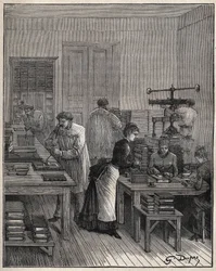 Gilding of books in iron in a workshop in France in the 19th century. Engraving from 1885 in 