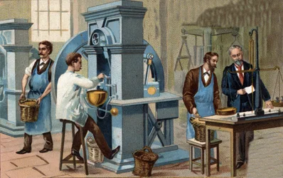 Gold Mining. Coin Minting and Verification Workshop. Chromolithography of the Late 19th Century