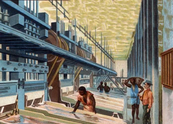 Gold mining. The ore ground in the vessel is washed with plenty of water and then passes over the copper plates to separate the gold from the other materials. Chromolithograph from the late 19th century.