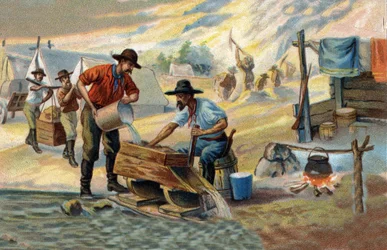 Gold Seeker: Method of Washing Native Gold that is Separated from Stones and Sand. Chromolithography of the Late 19th Century
