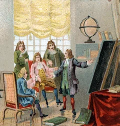 Gottfried Wilhelm Leibniz, German philosopher and mathematician; demonstrating his theories on differential calculation. Chromolithography, late 19th century