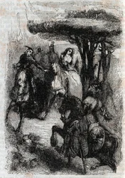Griffon meets Origille - engraving of 1851 from Furious Roland (Orlando furioso) (16th century) by Ludovico Ariosto, known as the Ariosta - Edition translated from Italian by the Count of Tressan and published by Gustave Harvard 1851