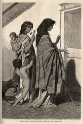 Gypsy women and children, in rags or half naked, asking for door-to-door almone in Essek (Danube basin). Engraving to illustrate the memories of travel among the southern Slavs, by Georges Perrot, in 1868, published in Le tour du monde 1870-1871, edited by