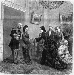 Handshake between Elisabeth de Mac Mahon (1834-1900) and the Austrian Empress Elisabeth de Wittelsbach (1837-1898) (Sissi) during the visit of the President of the French Republic Patrice de Mac-Mahon (1808-1893) to Austria. 1875. Engraving in "The Univers