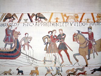 Harold II landed in Normandy where he was captured by William I the Conqueror. Bayeux tapestry, known as Embroidery of Queen Mathilde.