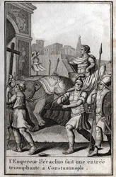 Heraclius I (Flavius Heraclius, Herakleios), Byzantine emperor, made a triumphant entrance to Constantinople. He climbed on a chariot reached by four elephants and brought before him the True Cross (Holy Cross) which had been taken from