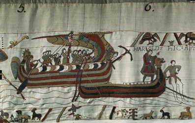Hijacked by the storm, the ship of Harold II stranded on the coast of Ponthieu - Bayeux Tapestry, known as Embroidery of Queen Mathilde