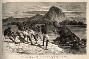 Hippo hunting with the Houarti tribe, engraving illustrating the exploration of the Abyssinian tributaries of the Nile by Sir Samuel W. Baker, published in 