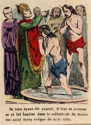 His vow had been fulfilled, Clovis was baptized in the cathedral of Reims by Saint Rémi, bishop of the city