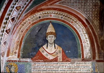 History of Saint Francis of Assisi: representation of Pope Innocenzo III, showing the bubble that confirms the Franciscan rule in 1210 (fresco)
