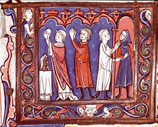 History of Canonical Law: Scene of Communion (left) and Excommunication (right). Miniature from 
