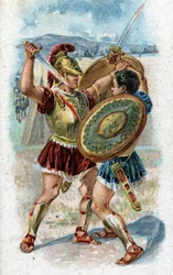 History of the life of Achilles, legendary hero of the Trojan War: Achilles fighting Hector to avenge the death of Patroclus. Chromolithography of 1890