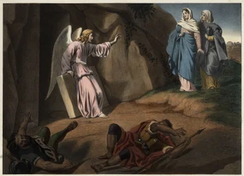 Holy women visiting Christ at the tomb. Anonymous engraving of the 19th century.