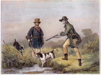 Hunters in the marshes. Prints of 19th century Gien, hunting museum