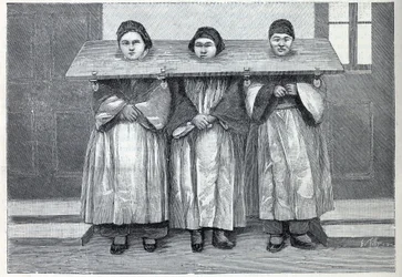 Hunting in China: The Cangue, an Apparatus of Torment for Infanticide Mothers. Engraving in 