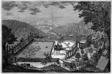 Hunting in Germany in the 18th century: a deer hunt near Leonberg in 1748. (From a photograph). Engraving in 