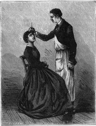 Hypnotism phenomena: Hypnotism produced by fixing a pencil holder placed between the eyes. Engraving from 1881