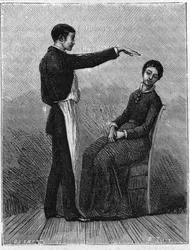 Hypnotism phenomena: hypnotism is produced by suddenly extending the hand in front of the patient. Engraving from 1881.