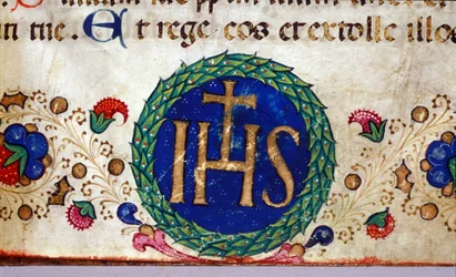 IHS Christian symbol whose meaning is Jesus. 15th century manuscript.