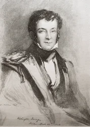 US novelist and historian Washington Irving. Portrait made in Sevilla (1828). Lithography
