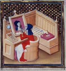 Iaia (Marcia of Cyzicus), a Roman painter, painting her own miniature portrait from “De mulieribus claris” (Des clair et nobles femmes) by Giovanni Boccaccio (Boccace) (1313-1373)