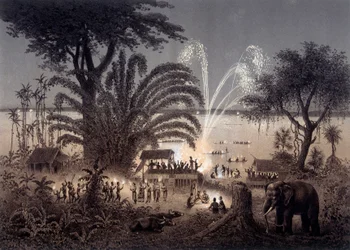 Illumination of the river during the Festival of Bassac, Siamese Laos. In “Atlas of the exploration voyage in Indochina carried out during the years 1866-1868”, published under the direction of F. Garnier in 1873.