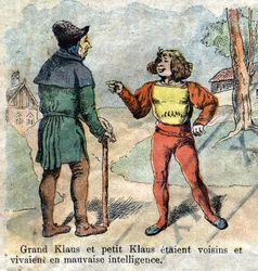 Illustration of the late 19th century for the tale by Hans Christian Andersen (1805-1875) “Grand Claus and Little Claus” (Klaus). Private collection.