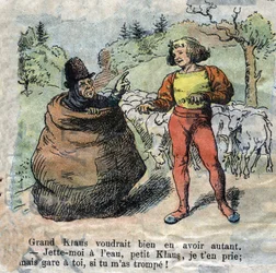 Illustration of the late 19th century for the tale by Hans Christian Andersen (1805-1875) “Grand Claus and Little Claus” (Klaus). Private collection.