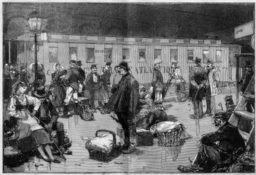 Immigration. Departing of emigrants in Europe to the United States of America: Special wagon of the General Transatlantic company going from the borders of Germany and Switzerland to Havre where passengers will board for New York. Engraving in Le Monde