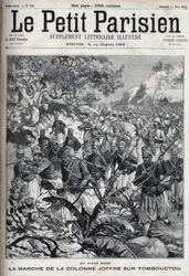 In the French colonies: the march of the column of General Joseph Joffre and his army of spahis on Timbuktu (Mali). Engraving in 