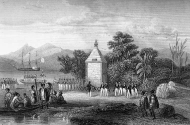 Inauguration by Captain Durville of the monument in honour of the French navigator Jean-Francois Galaup, count of La Perouse (Jean Francois Laperouse)