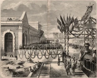 Inauguration of the railway from Toulouse to Sete in 1857. Engraving in 