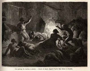 Inside a Caribou Inn (Canada), at midnight, intoxicated trappers and miners sing, then fall to the ground, or fall asleep in a blanket. Engraving to illustrate the voyage from the Atlantic to the Pacific (route du nord ouest par les terres), in 1862-1864